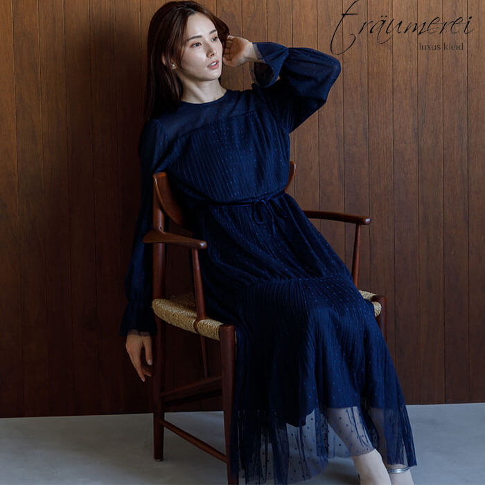 WEB限定｜ドットチュールプリーツドレス 9号・ネイビー｜東京ソワール