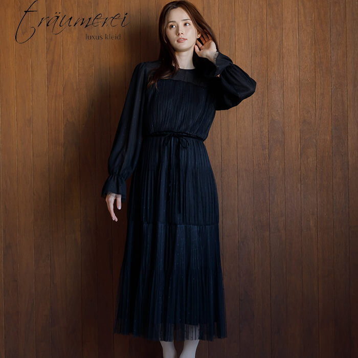 WEB限定｜ドットチュールプリーツドレス 9号・ブラック｜東京ソワール