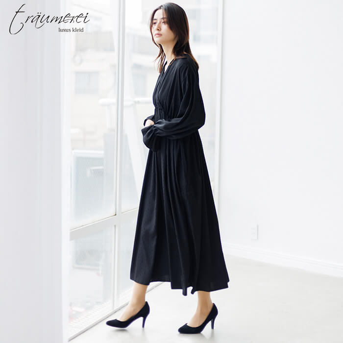 WEB限定｜小花柄サテンジャカードドレス 11号・ブラック｜東京