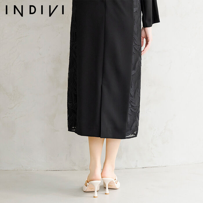 Iラインシルエットのレース切替ワンピース 9号・ブラック｜東京