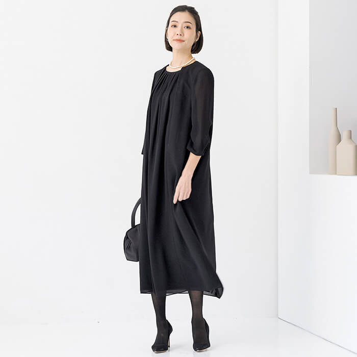 リボン付き前開きロングワンピース 9号・ブラック｜東京ソワール
