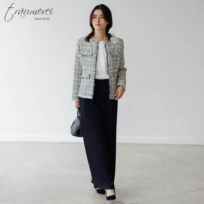 WEB限定｜ツイードワイドパンツスーツ 11号・ブラック×オフ｜東京