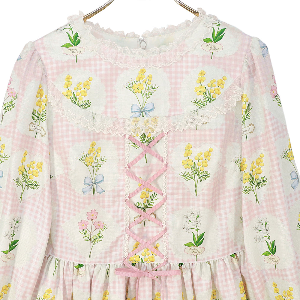 ミモザとギンガムチェックの編み下げワンピース-Melody BasKet