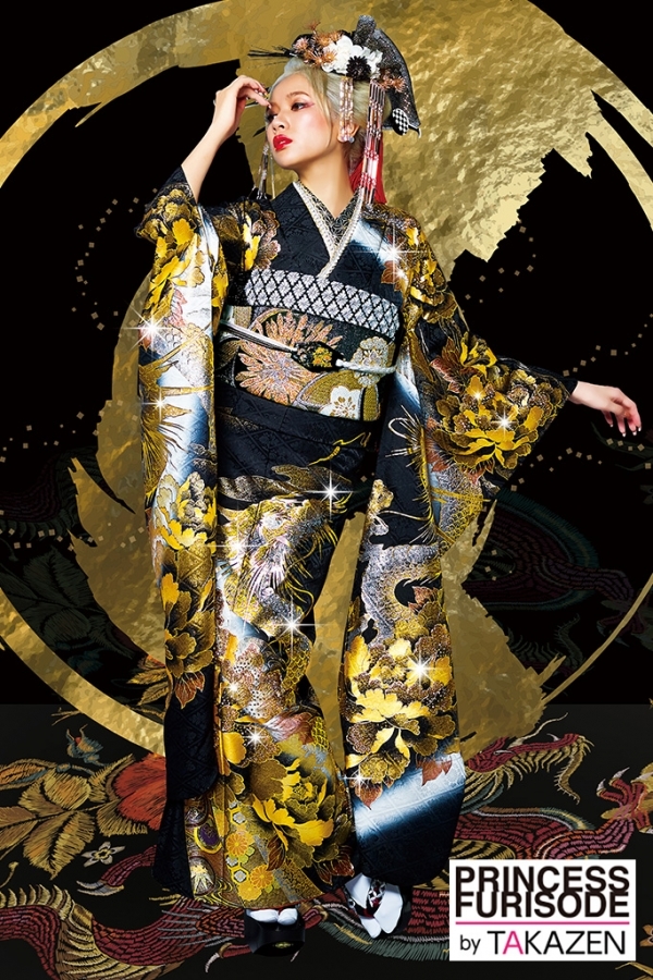 32134 派手クール/花魁風/目立つ龍 黒/ゴールド(金色)｜TAKAZEN|振袖