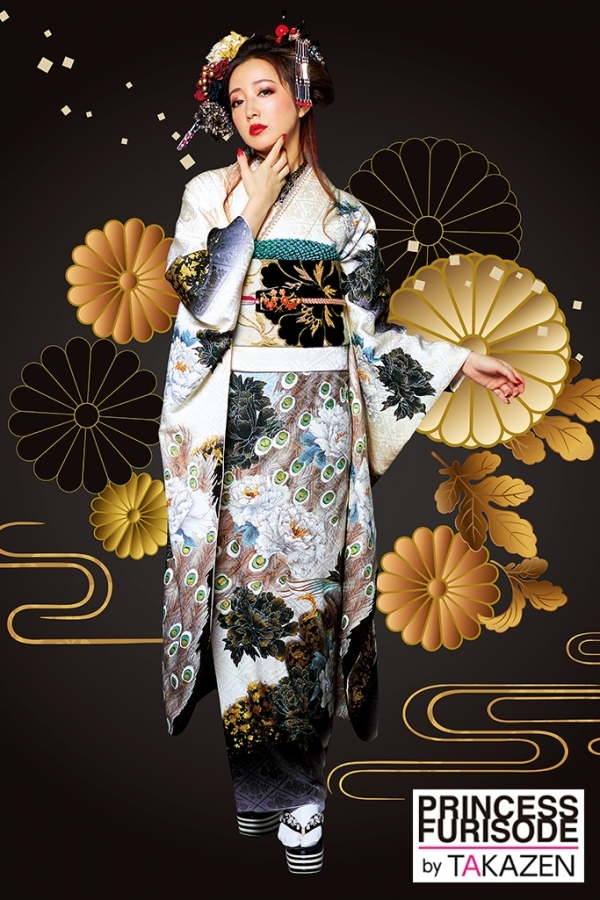 32146 花魁風/孔雀柄/派手目立つ 白/黒｜TAKAZEN|振袖比較サイトfurimo