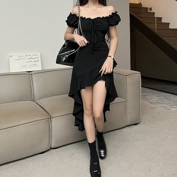 Qoo10] オフショルワンピース 黒 パーティードレ