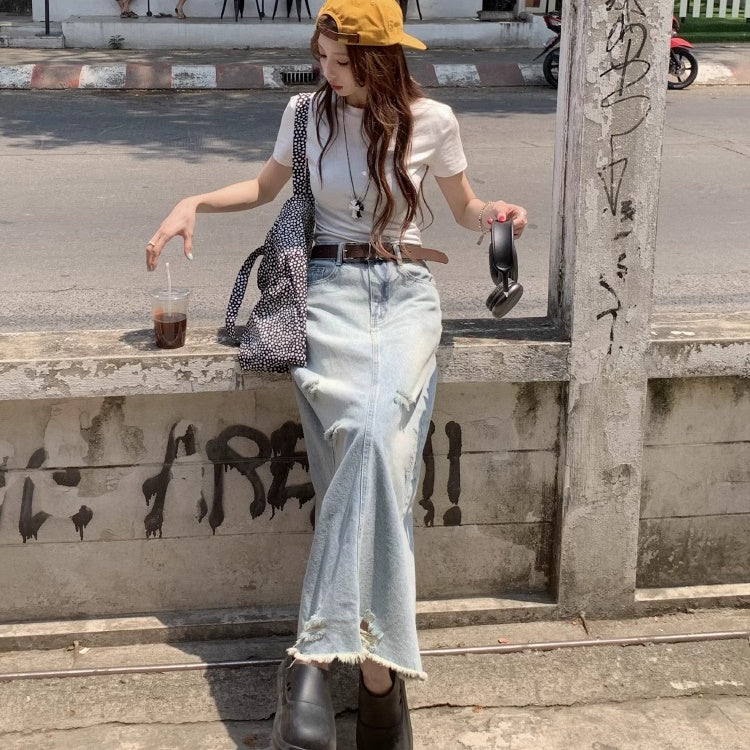 デニム ロングスカート レディース 韓国 ファッション ダメージ加工