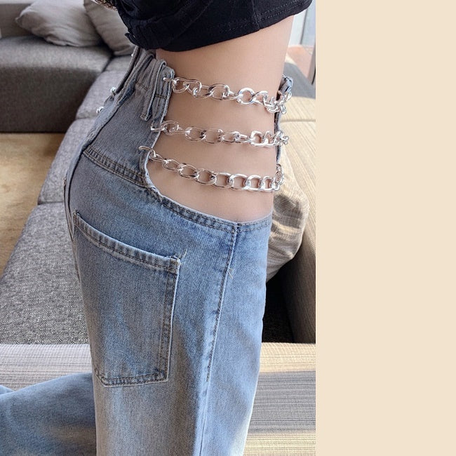 デニムパンツ ウエスト カット チェーン レディース 韓国 ファッション