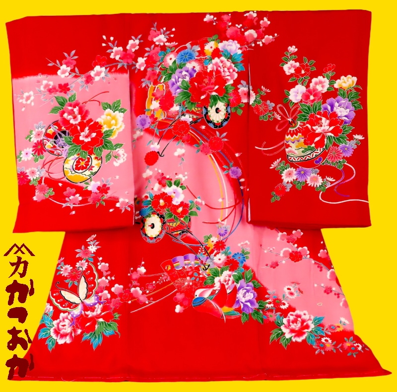 お宮参り着物正絹（初着・産着）女児G1-24 花車に花扇・鼓に蝶々