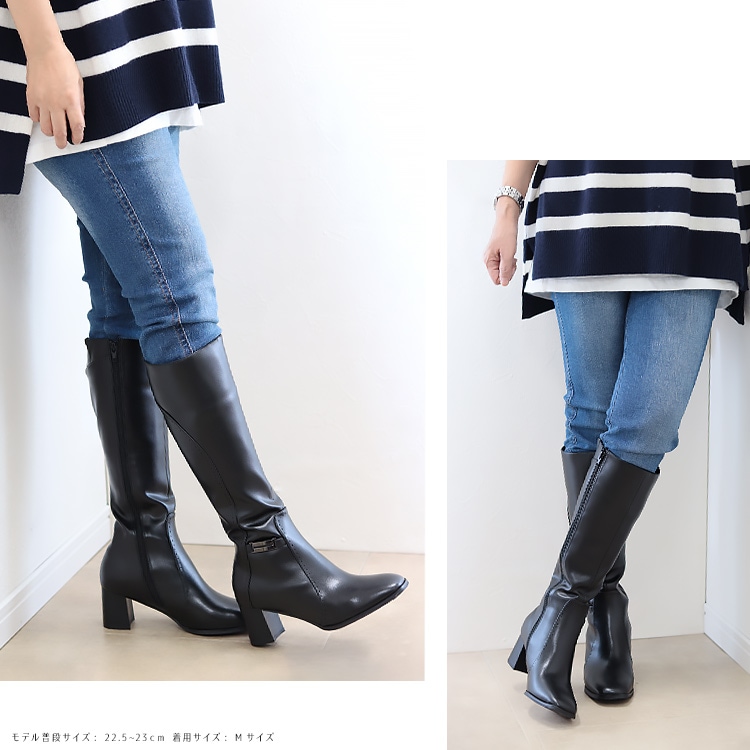 アウトレット】【SALE】 ロングブーツ ベルト 飾り付き 6cmヒール 太