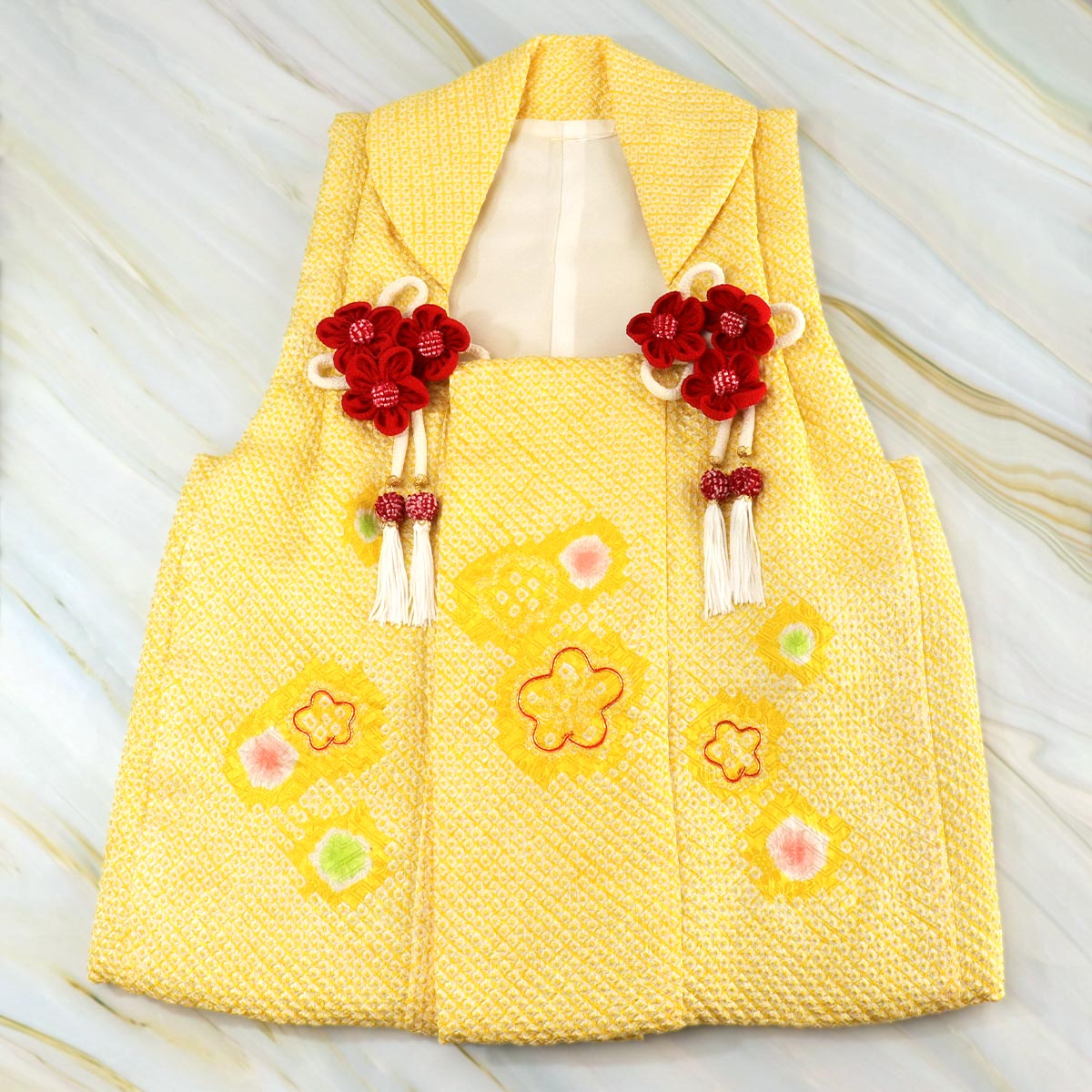 衿秀 公式 七五三 被布 被布コート 三歳 女の子 黄色 総絞り 花 水玉