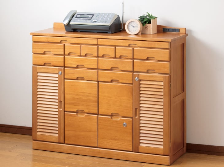 天然木 鍵付き引出しいっぱいファックス台 コンセント付き 76cm幅