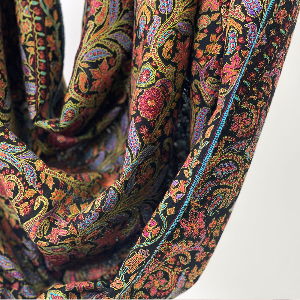 InDream 刺繍ショール パシュミナ カシミヤ 100cm巾 黒地総刺繍 花柄