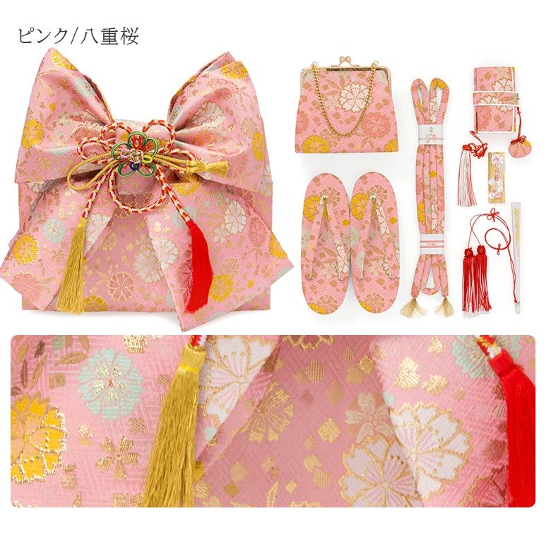 七五三女の子小物 結び帯はこせこ 7点セット 7才 5才 3才 金 赤