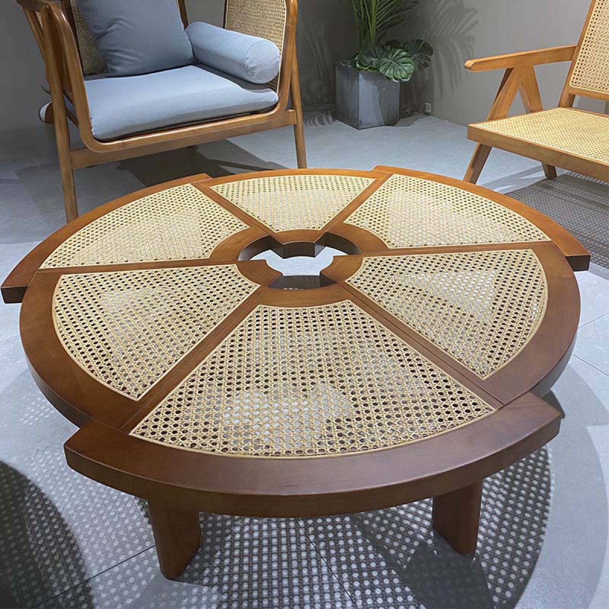 直径80cm] VeroMan ラタン木製テーブル ラタンテーブル ラタン編み