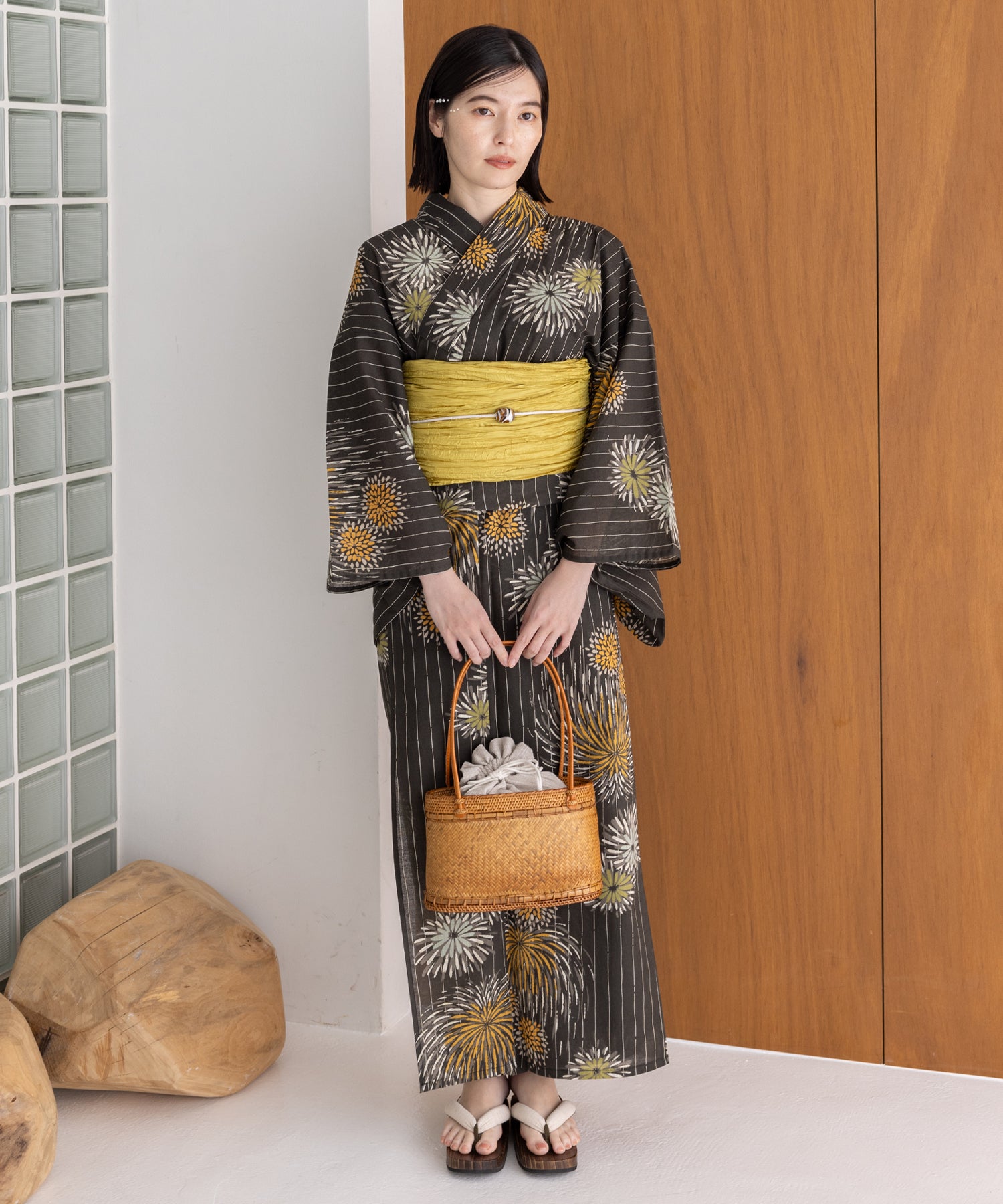 こだわり浴衣5点セット(浴衣/帯/下駄/腰紐/着付け冊子) 麻混 綿麻 先