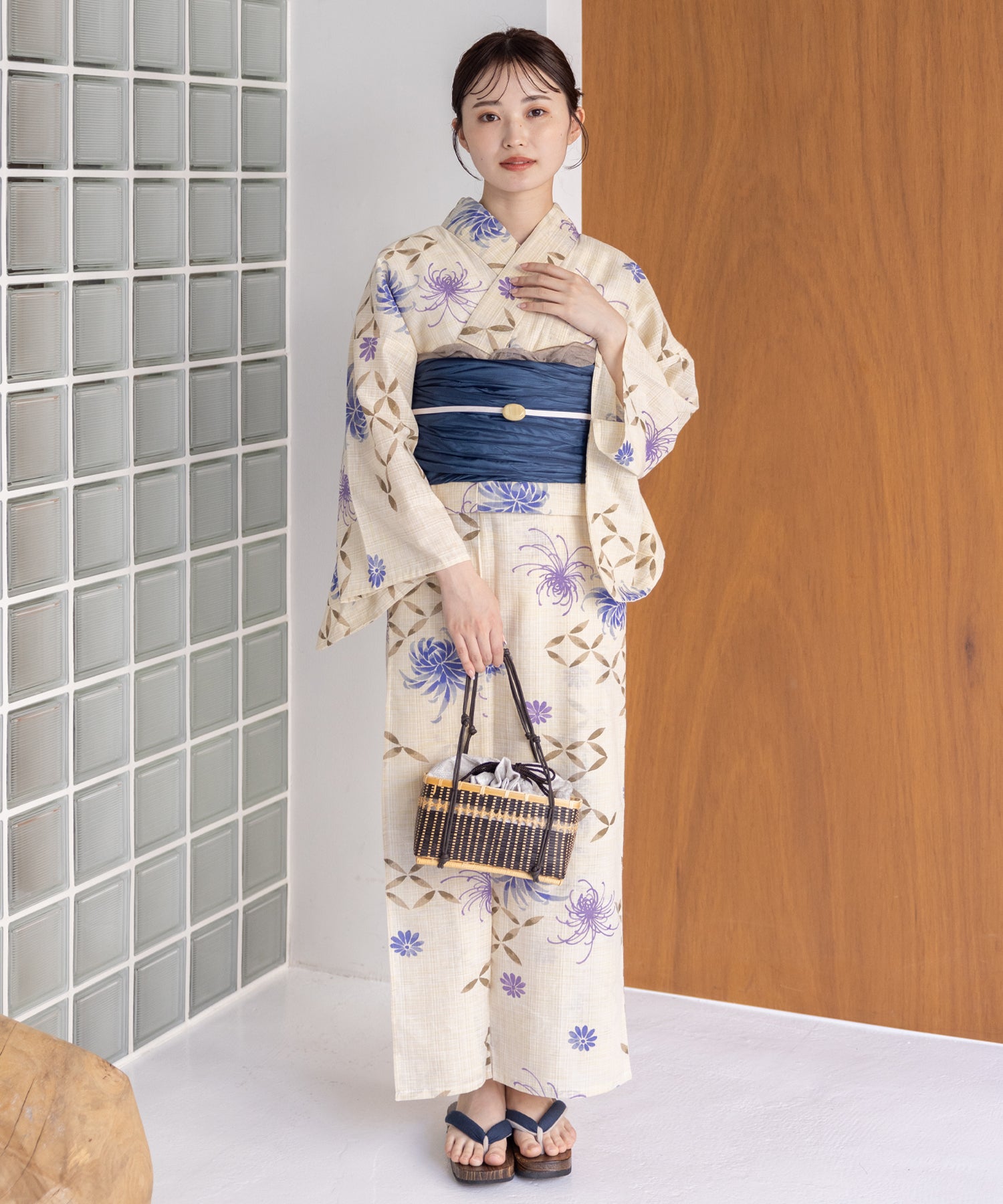 こだわり浴衣5点セット(浴衣/帯/下駄/腰紐/着付け冊子) 麻混 綿麻 先