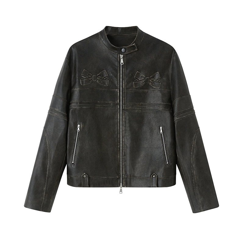diddi moda ribbon retro leather jacket riders – 個性的な