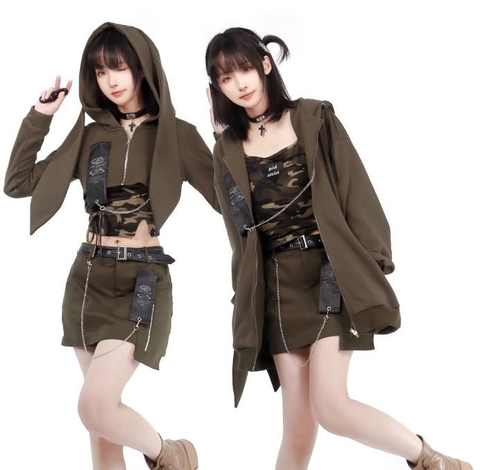 Y2K うさみみパーカー 迷彩アーミー ショート丈セット – 個性的な