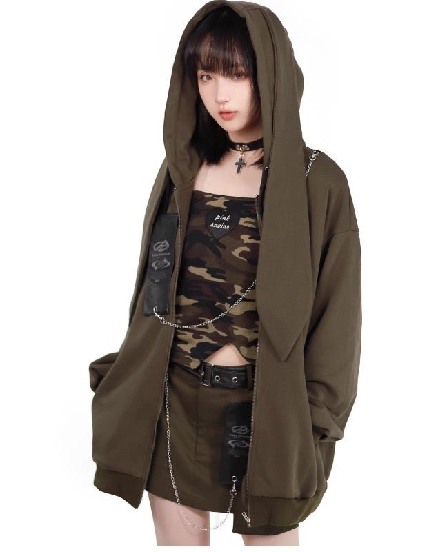 Y2K うさみみパーカー 迷彩アーミー ショート丈セット – 個性的な