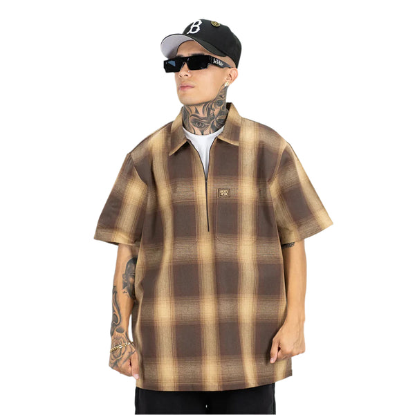 FB County | Short Sleeve Checker Zip Shirt Brown/Tan | Shirt