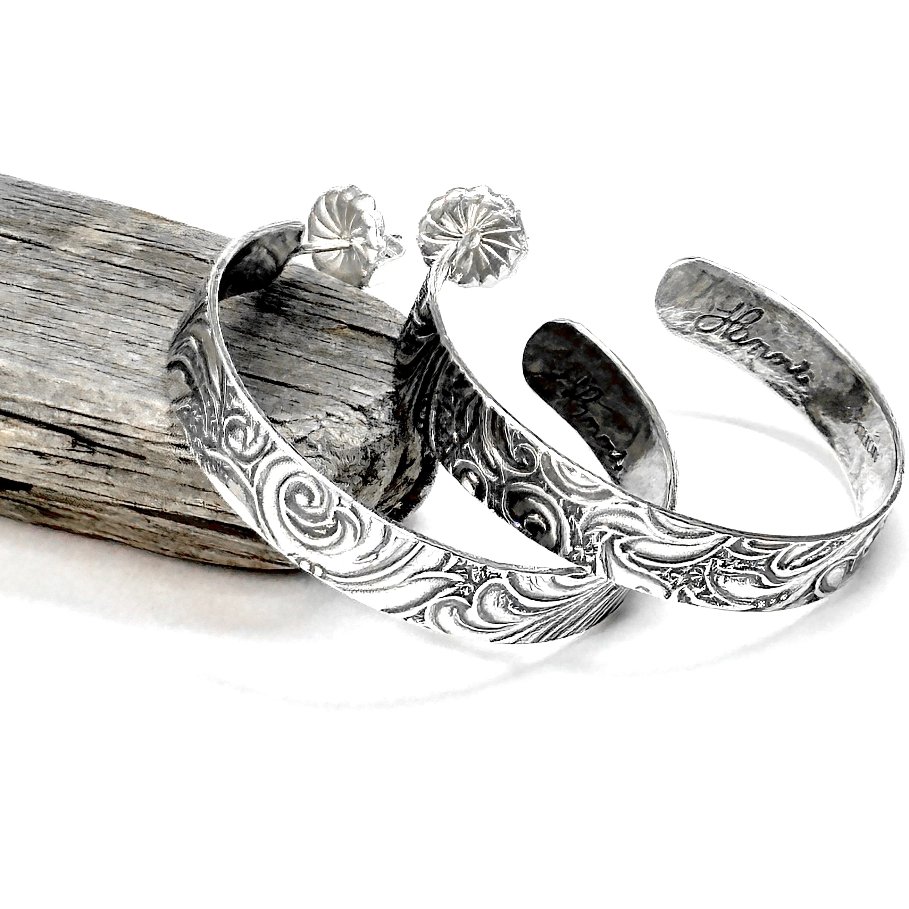 Silver Hoop Earring with Engraved Scroll Pattern | Handmade