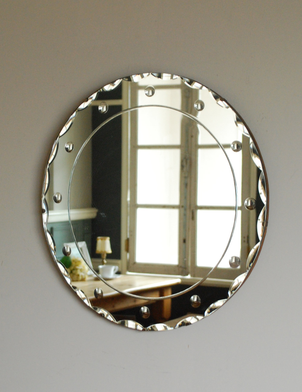 ドット柄の模様のアンティークカッティングミラー（壁掛け鏡）(k-1337