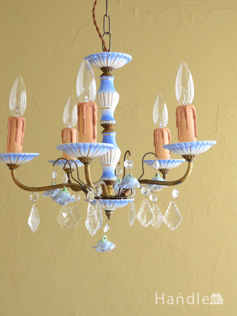 フランスのアンティーク照明、陶器の シャンデリア(5灯)（E17