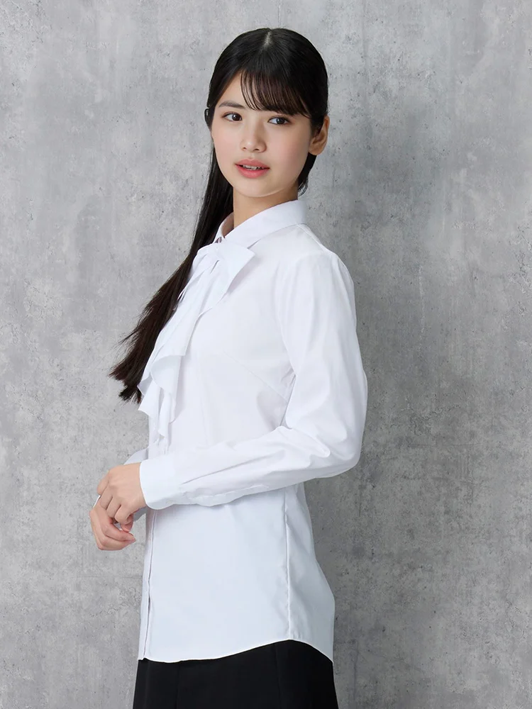 2WAYリボン付】長袖 ブラウス レギュラーカラー 形態安定 透けにくい