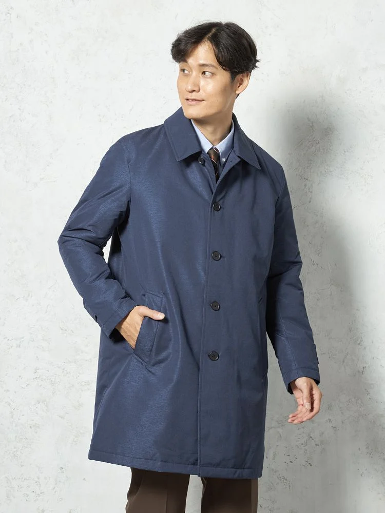 ネイビー 【撥水加工】ステンカラーコート 中綿入り スプリット