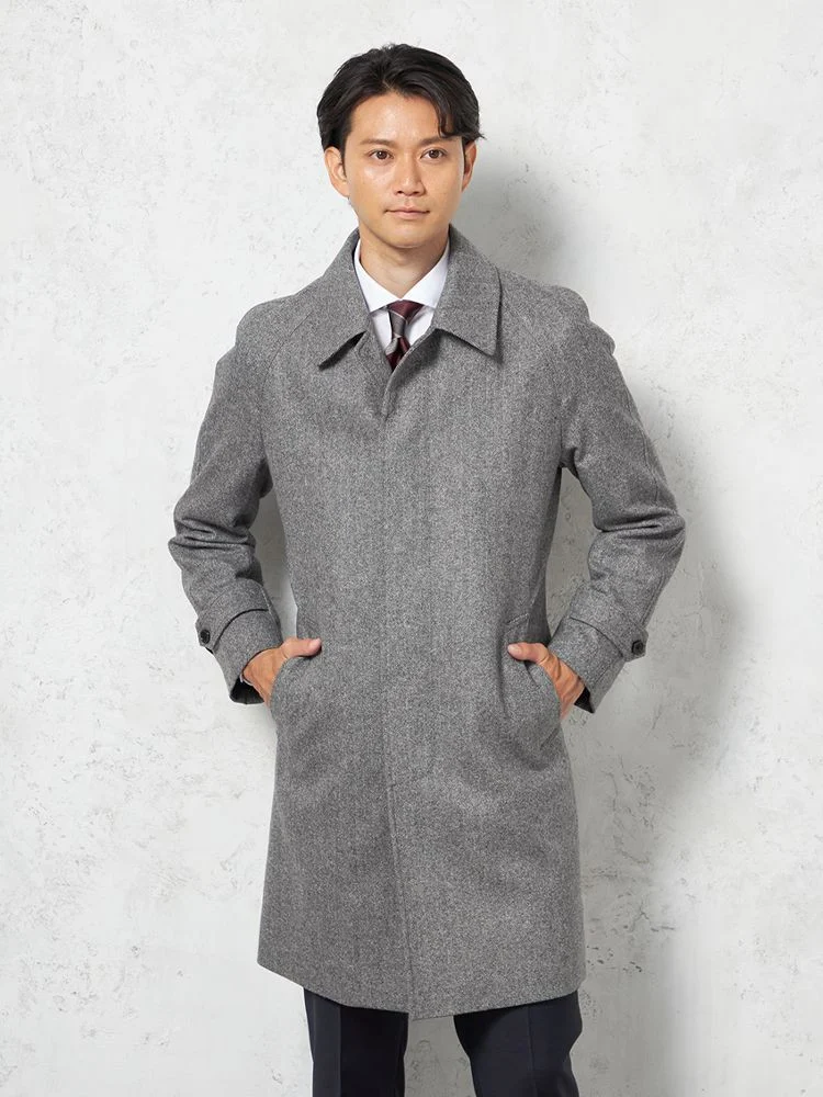L．グレー 【ウール混】ステンカラーコート 尾州産ウール使用