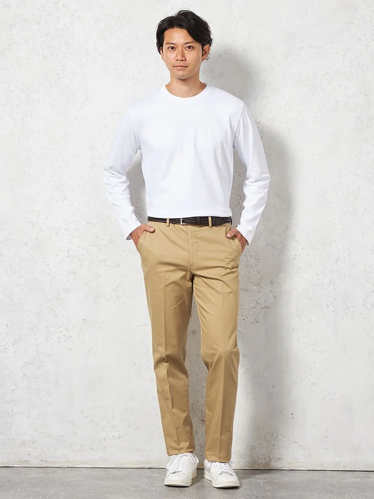 C．グレー 【ノータック】チノパン 折り目加工 無地 カジュアルパンツ