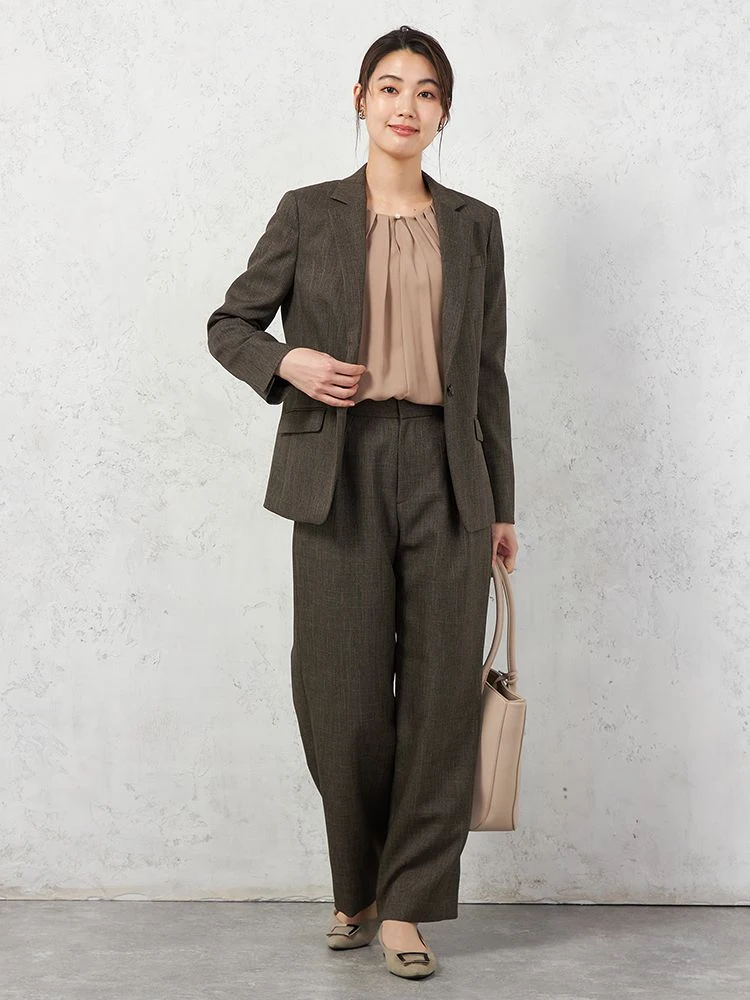 ブラウン 【働ラク肩ラクスーツ】ウールライク ワイドパンツ