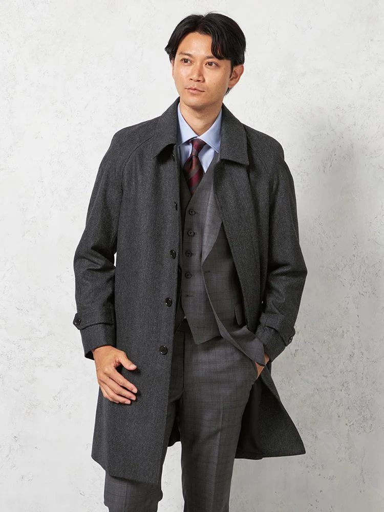 C．グレー 【ウール混】ステンカラーコート 尾州産ウール使用