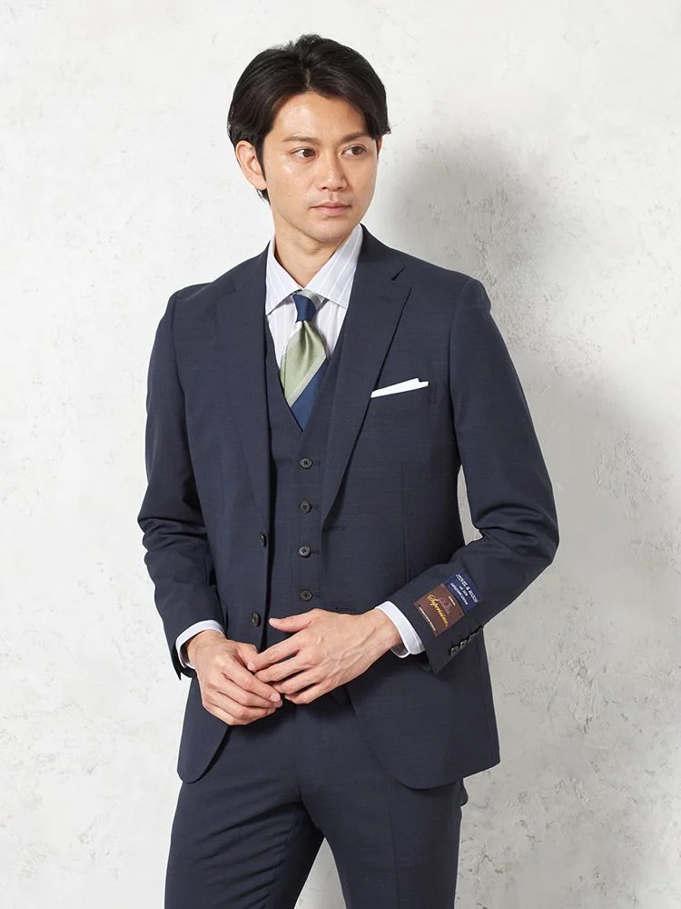 ネイビー 【ウール100％】スリーピーススーツ 2つボタン SUPER130s