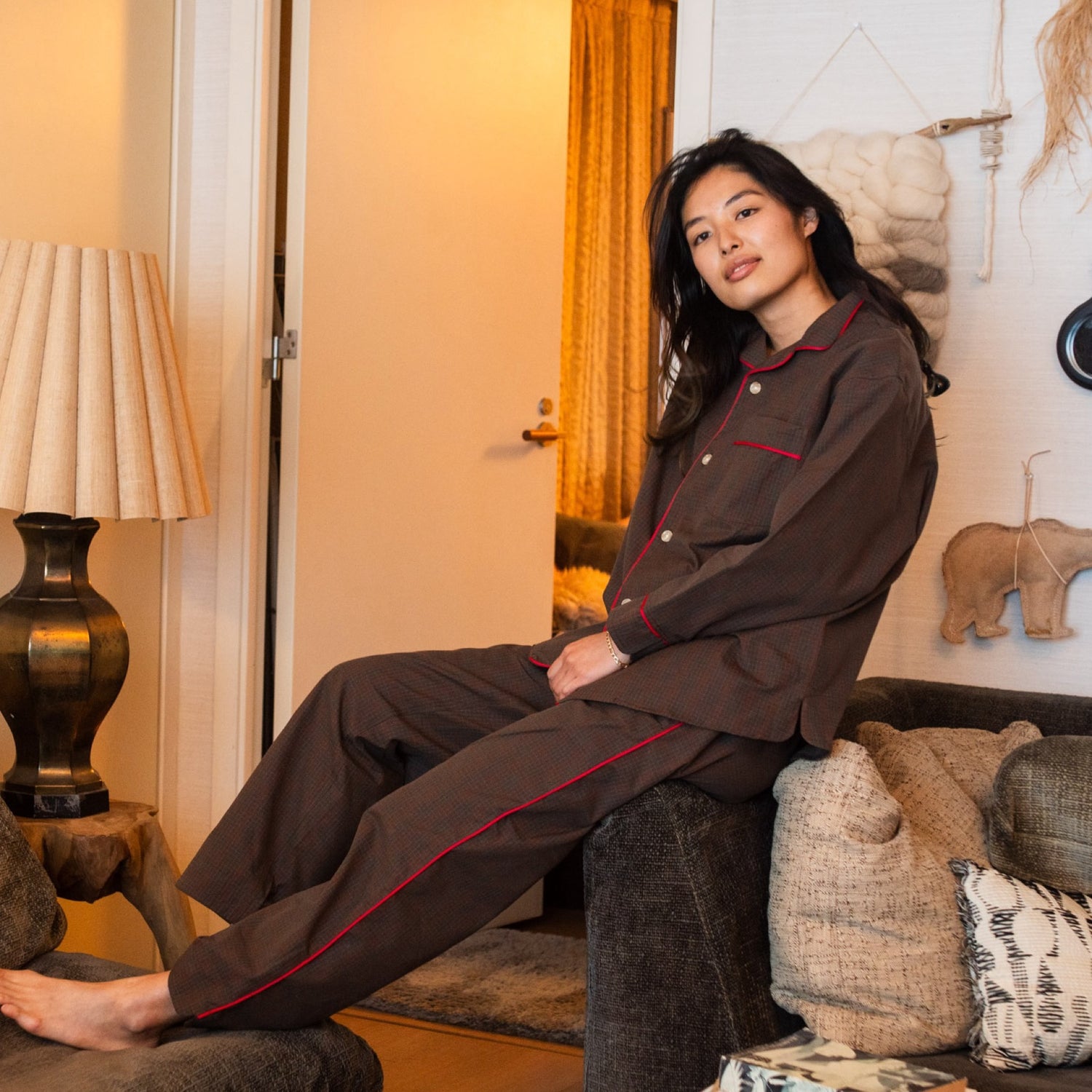 june / pajama set brown check with red piping – HATCH