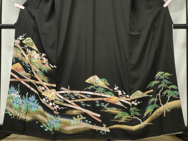 平和屋着物□豪華黒留袖 駒刺繍 扇面花松文 暈し染め 金彩