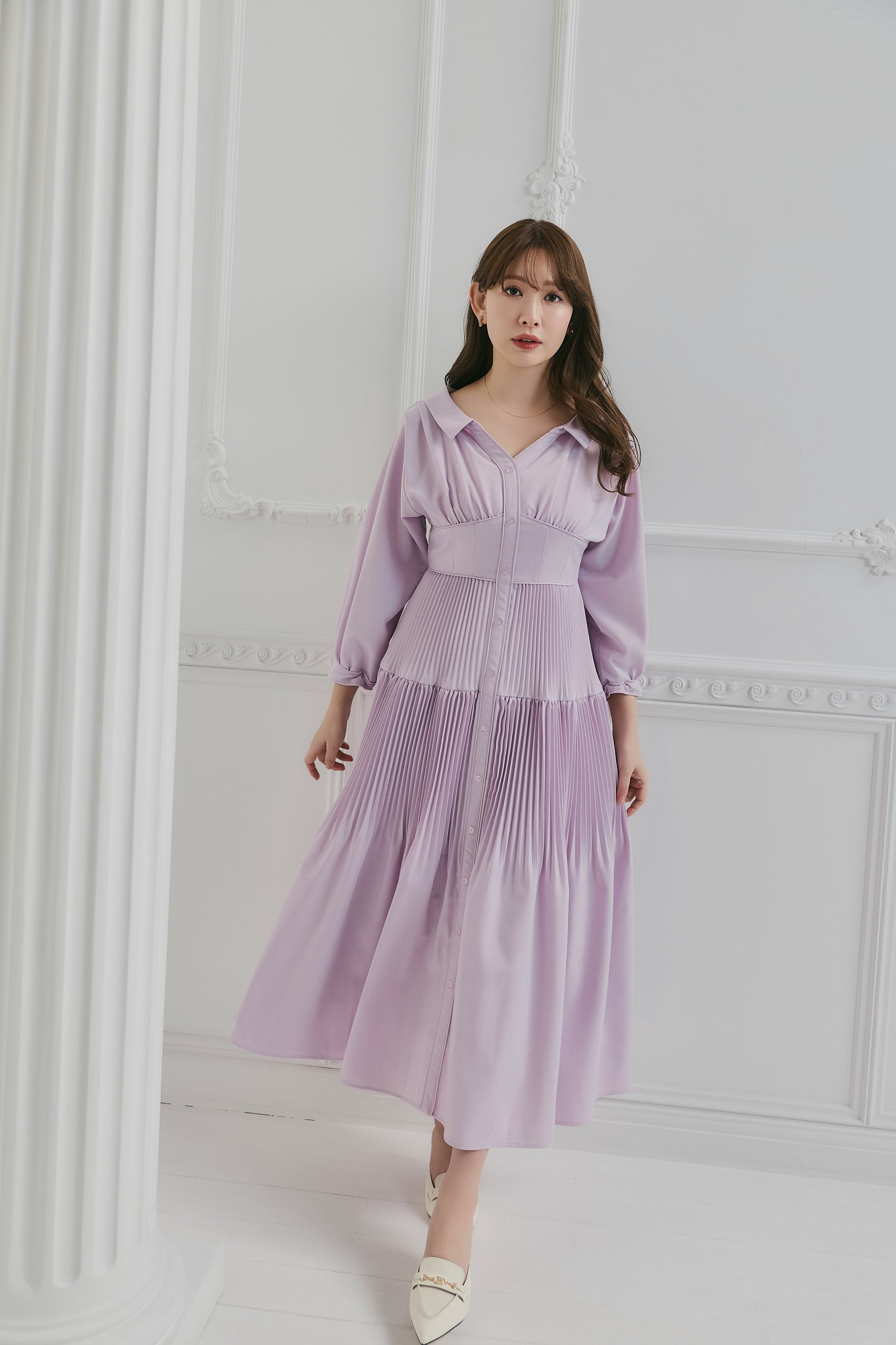 新色】Pleated Open Shirt Dress