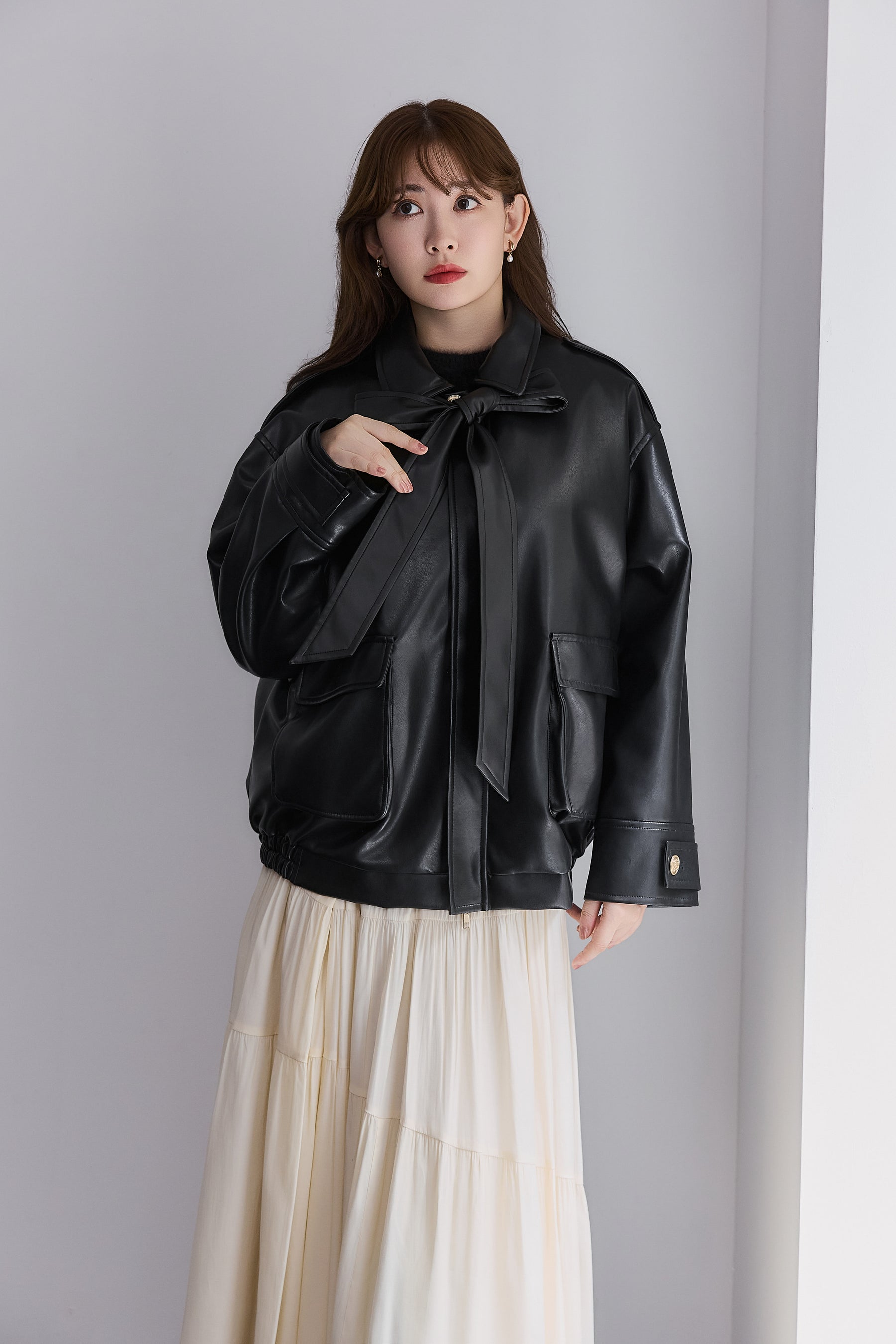 Ribbon-Tie Faux Leather Jacket