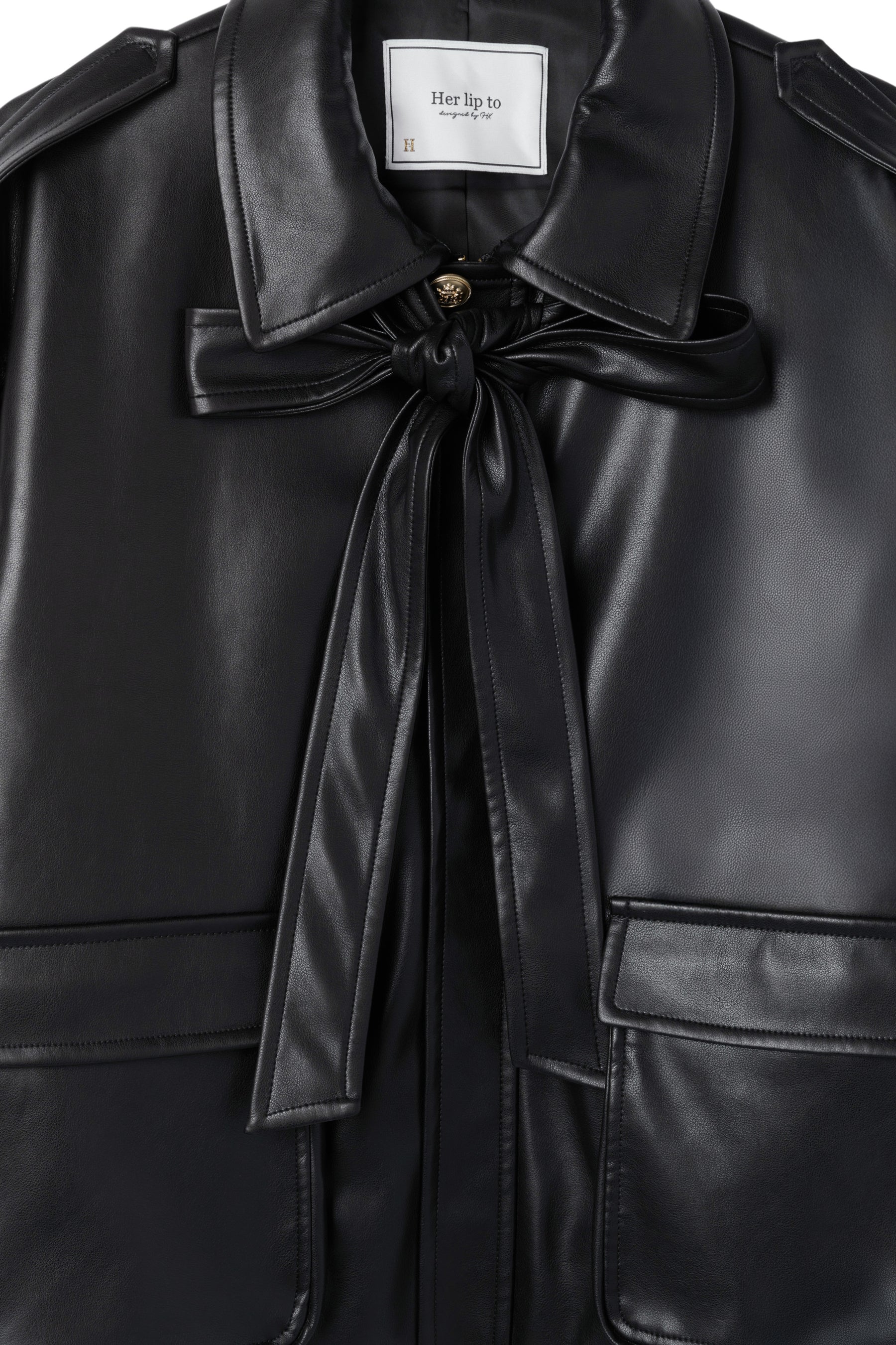 Ribbon-Tie Faux Leather Jacket