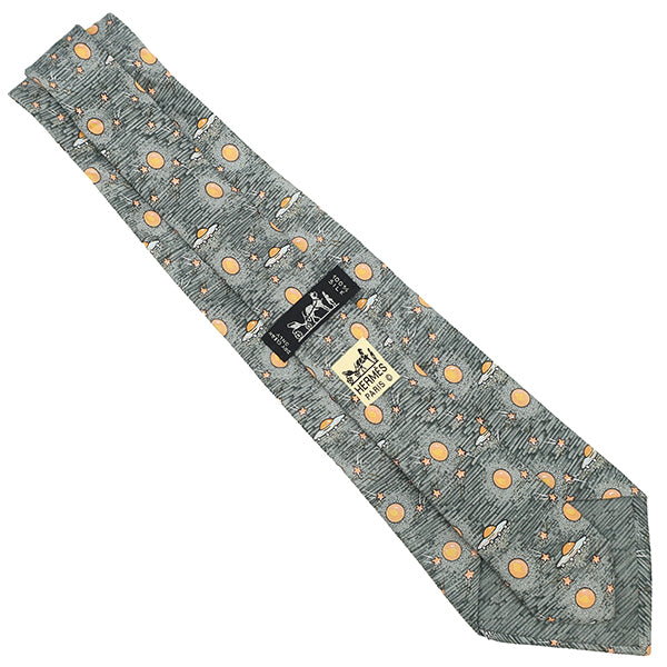 エルメス HERMES 惑星 UFO 9cm グレー×オレンジ シルク ネクタイ 灰色