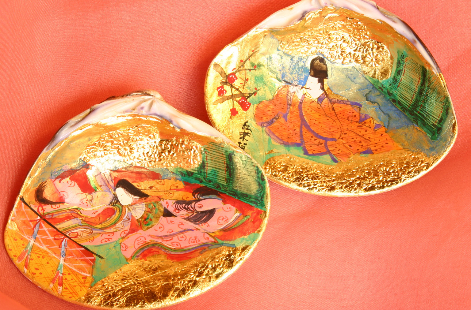 雛祭りに描かせない手描き彩色の貝合わせの見本