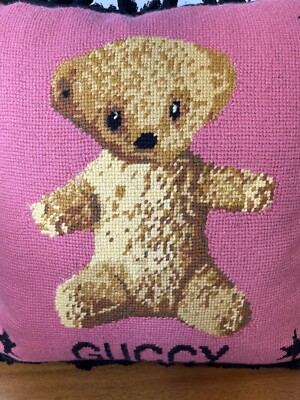 Authentic Gucci Guccy Embroidered Pillow Cushion Fringed 17.5