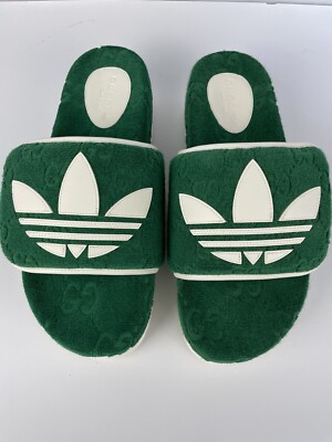 Adidas x Gucci GG Platform Slides Sandals Green Terry Cloth Men