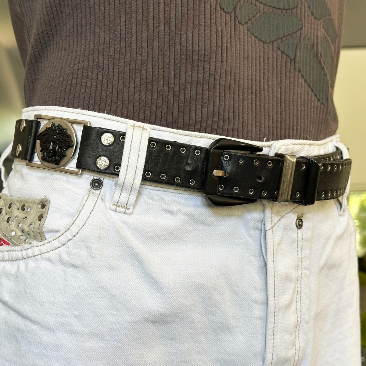 GIANNI VERSACE belt black leather studded Medusa size 110/44 from