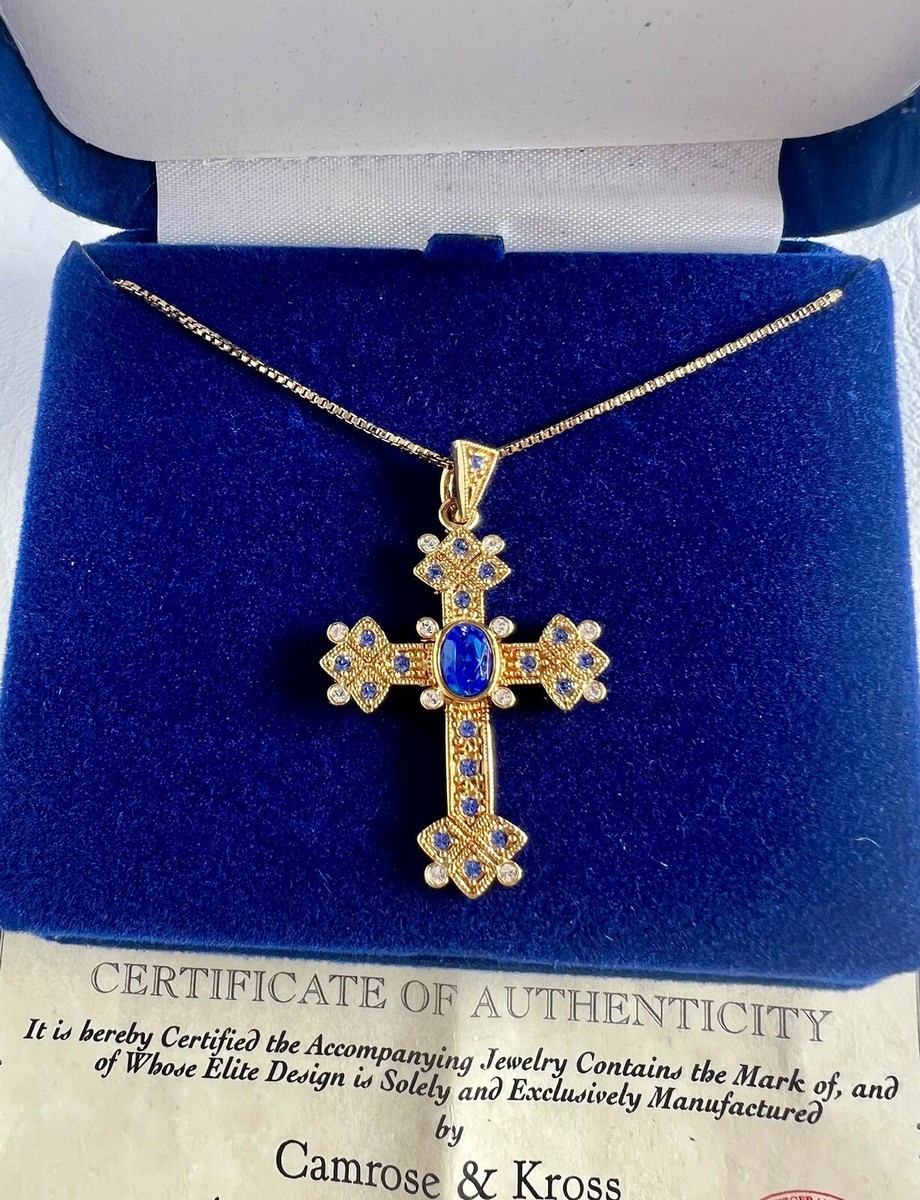 Camrose Kross Jacqueline Kennedy Blue White Crystals Cross Pendant