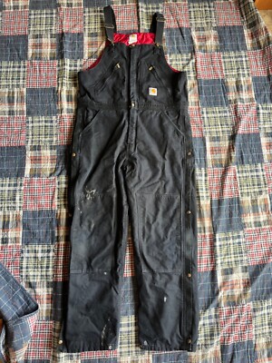 Distressed Carhartt R38 BLK Quilted Double Knee Bib Overalls Men's