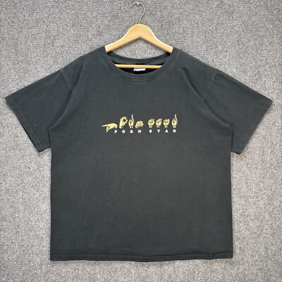 Vintage Pornstar Shirt Mens XL Black 90s Faded Sign Language Funny