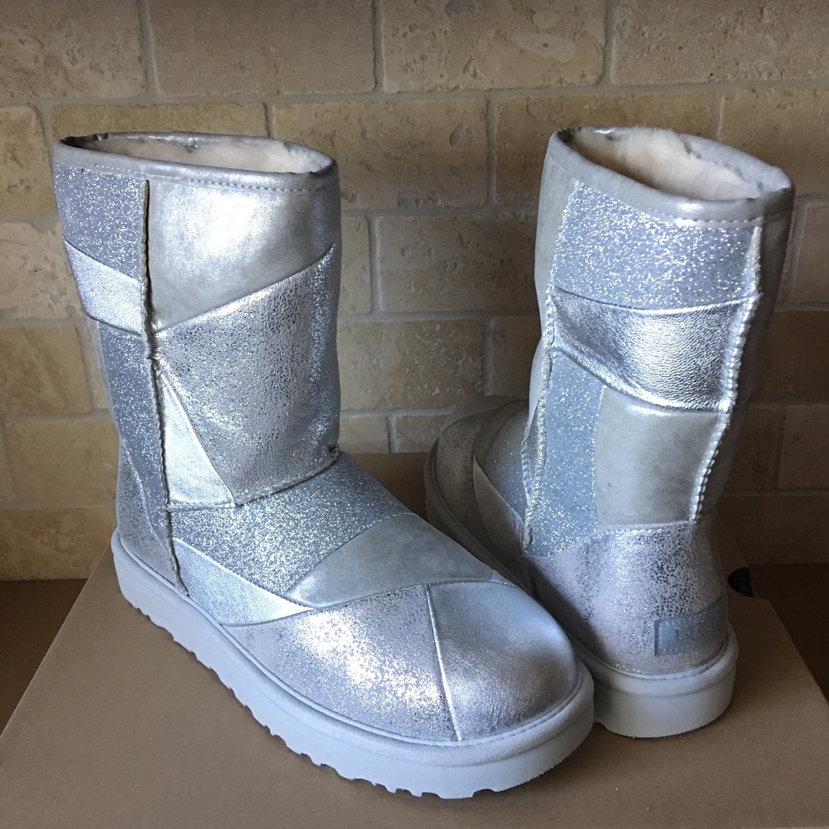 UGG Classic Glitter Patchwork Suede Fur Silver Sparkle Short Boots