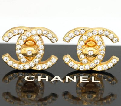 CHANEL CC Logos Rhinestone Large Turnlock Clip-On Earrings Gold